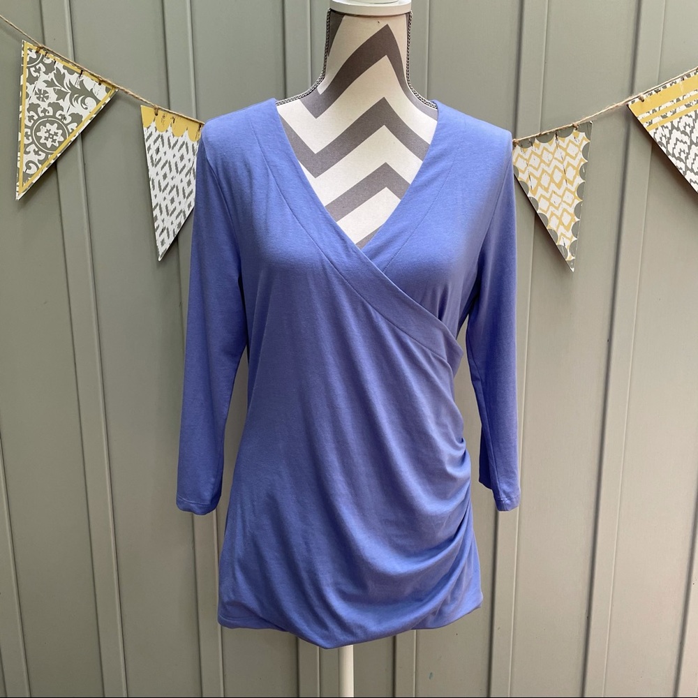 Soft Surroundings Shapely Surplice Top Blue 3/4 Sleeve Faux Wrap Size Large
